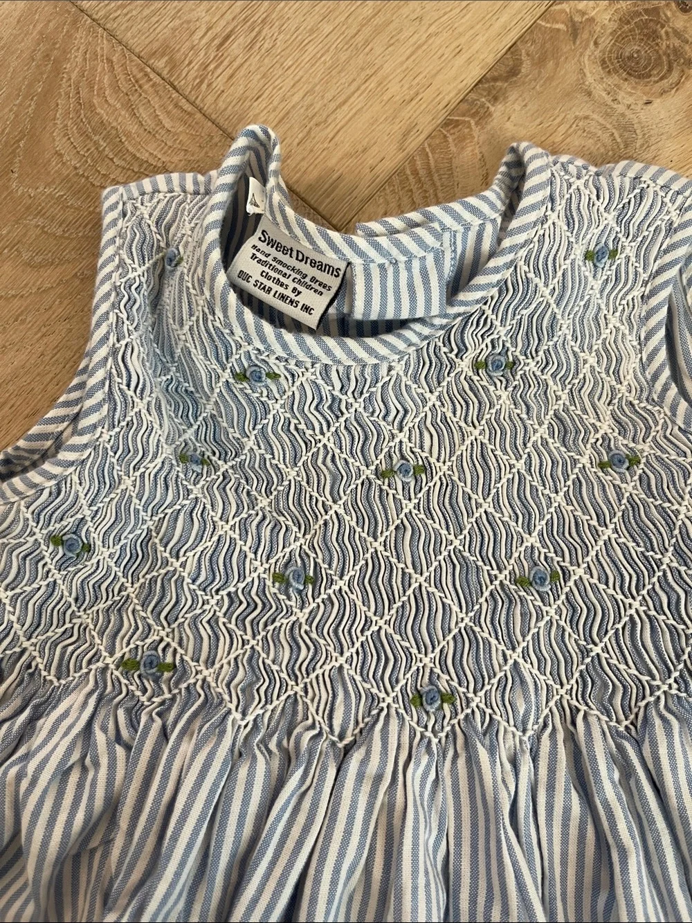 Sweet Dreams Blue and White Striped  Smocked Girls Dress size 4